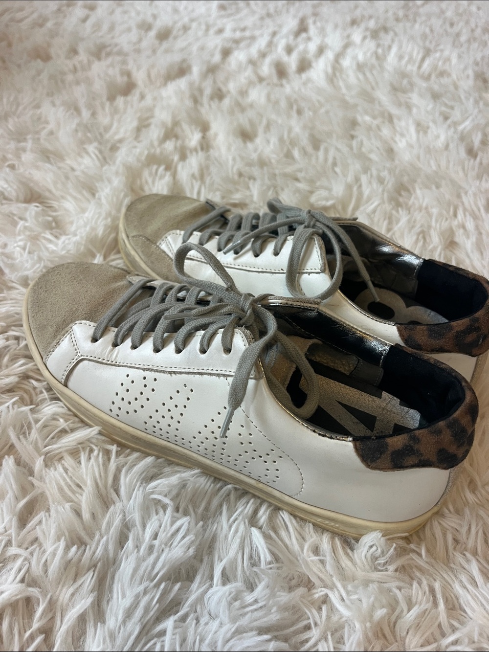 P448 White Leather Sneakers with Tan Suede Toe and Leopard Heel